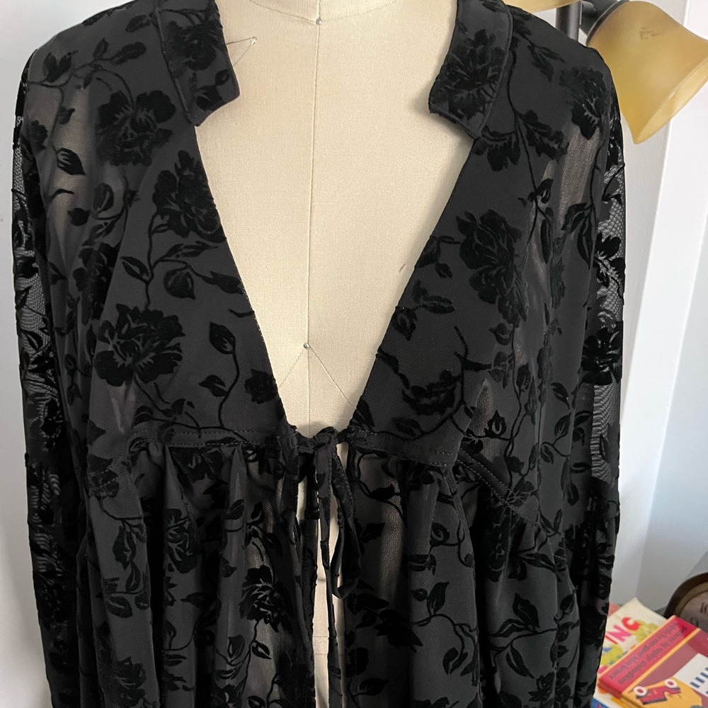 Free People Black Burnout Jacket with front tie closure.